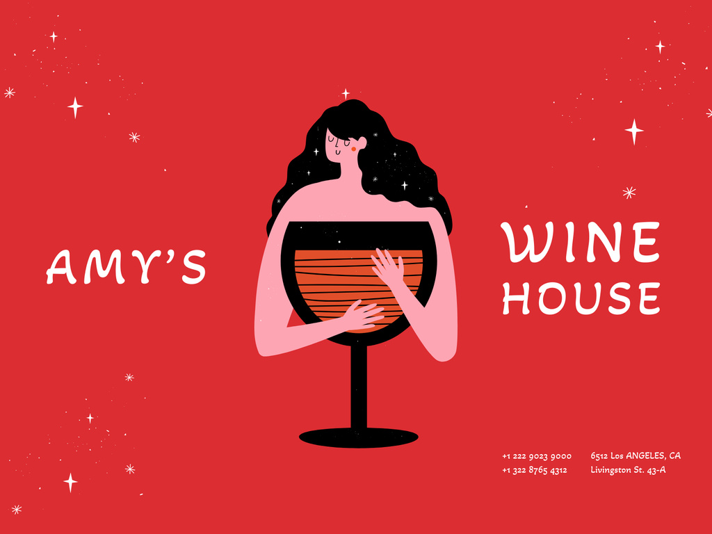 Wine House Ad with Illustration of Woman Holding Big Glass Poster 18x24in Horizontal Šablona návrhu