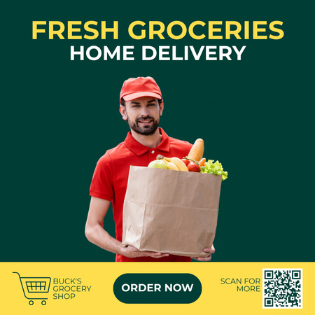 Deliveryman With Food In Paper Bag Offer Instagram Design Template
