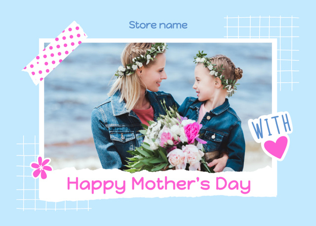 Designvorlage Mom and Daughter in Cute Wreaths on Mother's Day für Postcard 5x7in