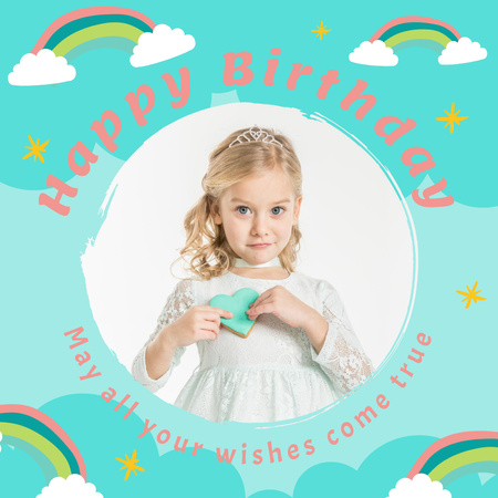 かわいい虹を持つ小さな女の子への誕生日おめでとうの願い Instagramデザインテンプレート