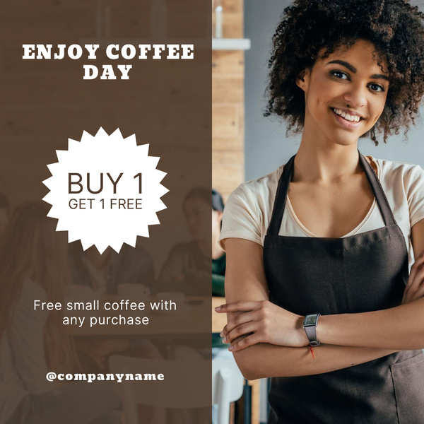 Coffee Day Promotion with Smiling Barista Woman