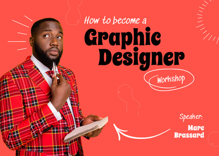 Työpajamainos graafisesta suunnittelusta nuoren afroamerikkalaisen miehen kanssa Flyer A6 Horizontal Design Template