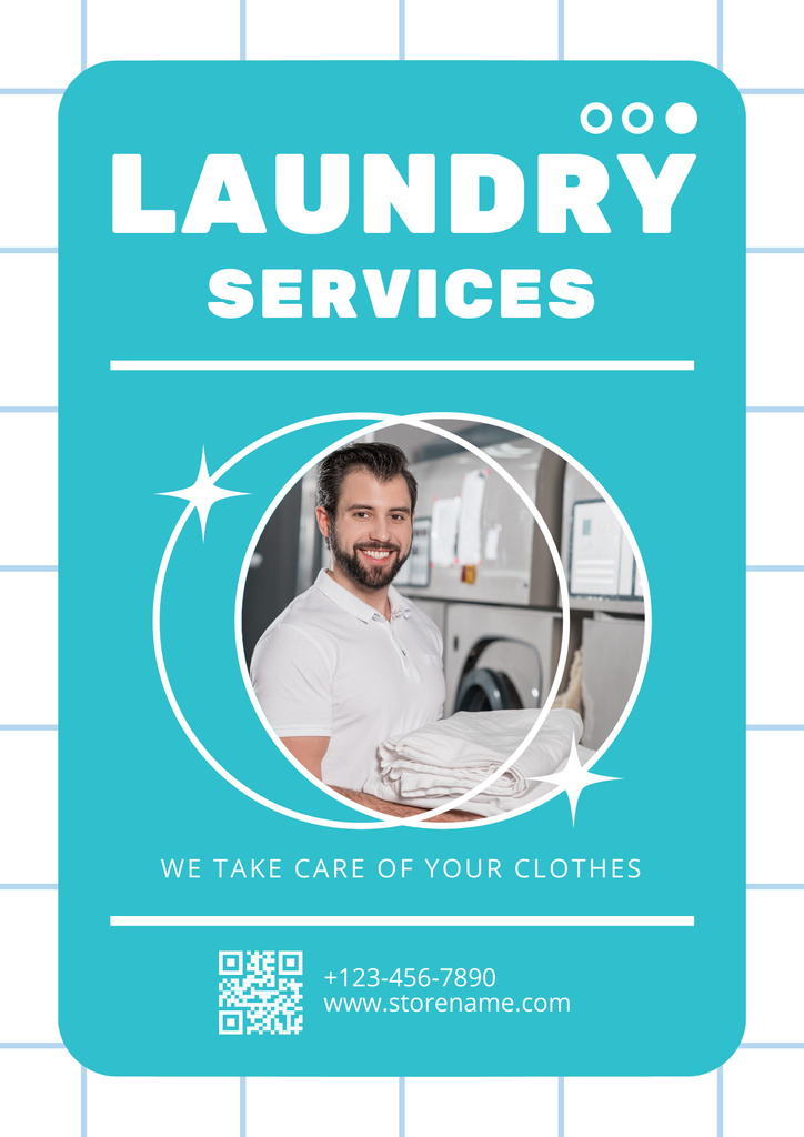 Offer for Laundry Services with Handsome Man Poster Modelo de Design