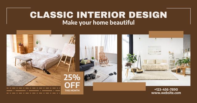 Classic Interior Design Collage Brown Facebook AD Modelo de Design