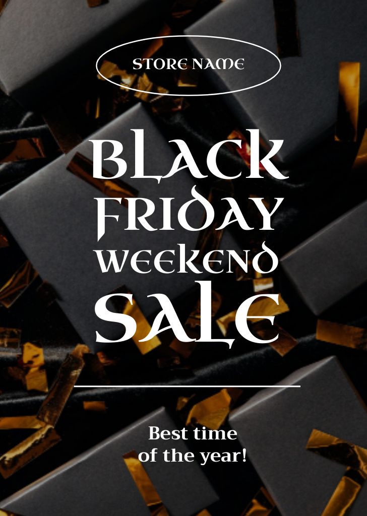 Black Friday Holiday Sale Announcement with Golden Confetti Flyer A6 Πρότυπο σχεδίασης