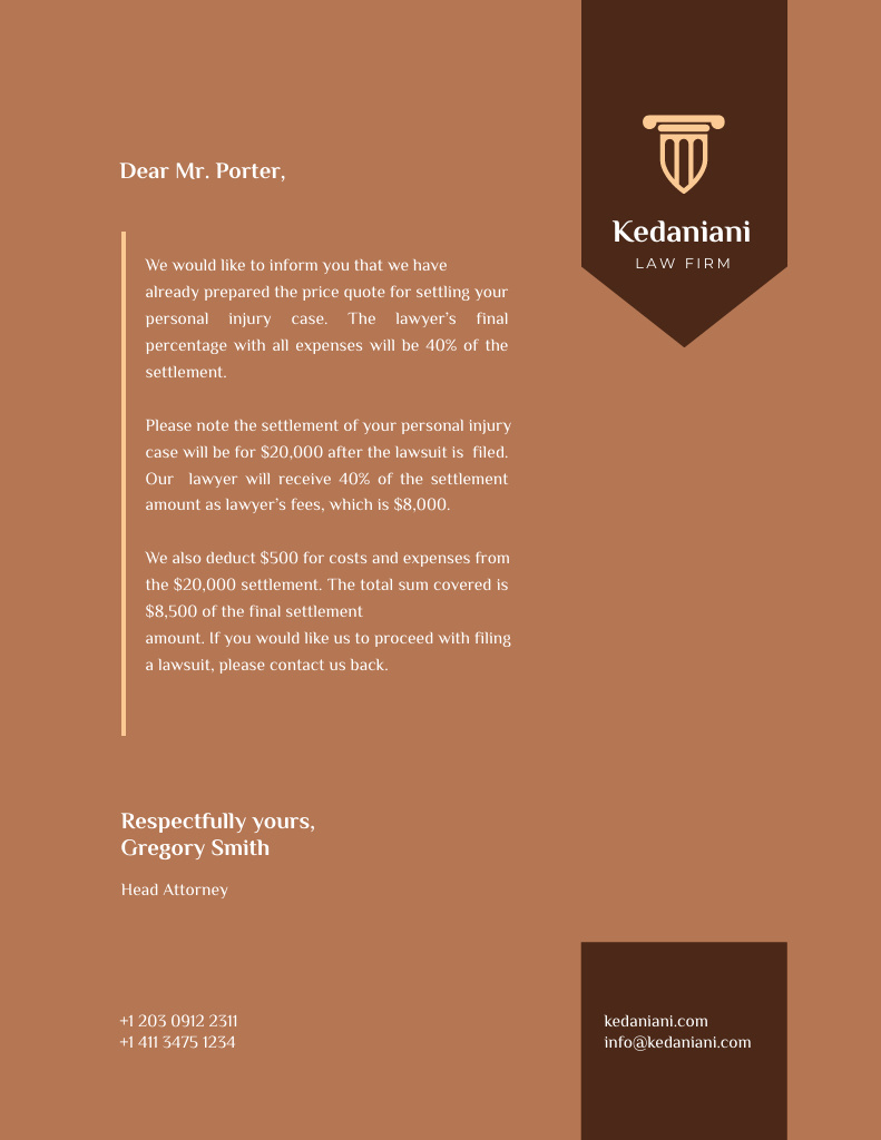 Law Firm Services Fee In Brown Letterhead 8.5x11in – шаблон для дизайна