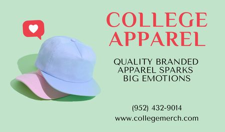 Offering Quality Branded College Apparel on Green Business card Design Template