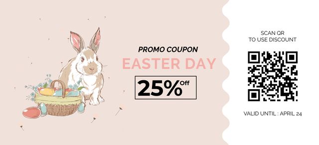 Easter Sale Offer with Rabbit and Basket Full of Decorated Eggs Coupon 3.75x8.25in Tasarım Şablonu