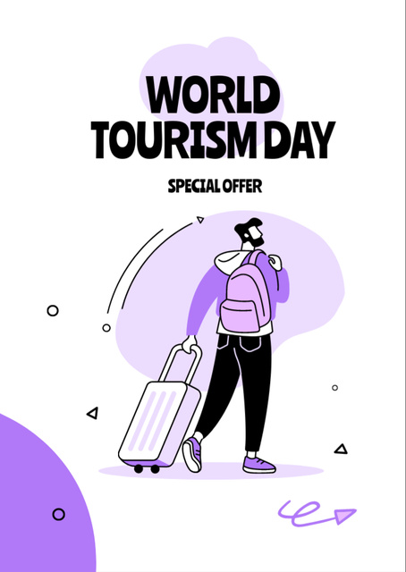 Ontwerpsjabloon van Flyer A6 van Tourism Day Celebration Announcement with Man on Purple
