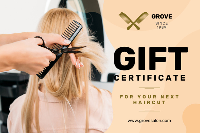 Template di design Hair Studio Ad with Hairstylist Cutting Hair Gift Certificate