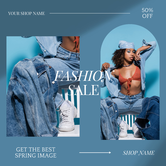 Spring Sale with African American Woman in Denim Animated Post Modelo de Design