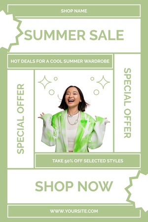 Template di design Donna asiatica felice sull'annuncio di vendita di estate Pinterest