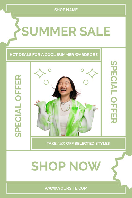 Plantilla de diseño de Happy Asian Woman on Summer Sale Ad Pinterest 