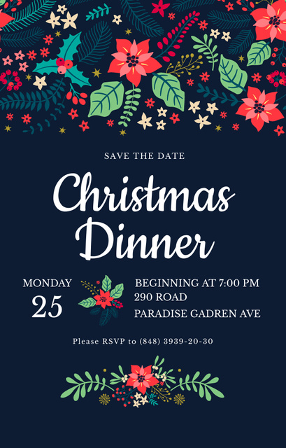 Christmas Dinner With Illustrated Flowers Invitation 4.6x7.2in Design Template