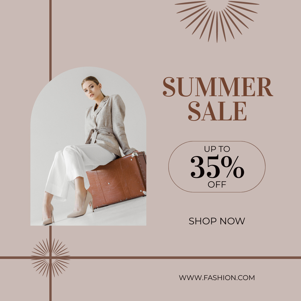 Szablon projektu Summer Sale with Stylish Girl with Suitcase Instagram