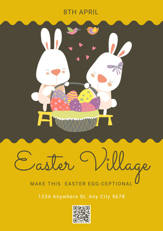 Easter Celebration Announcement with Cute Rabbits and Basket Full of Easter Eggs Poster Design Template