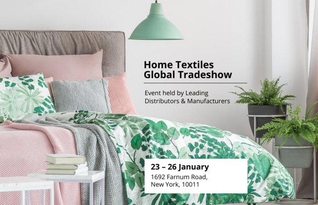 Home Textiles Event Announcement with Stylish Bedroom Flyer 5.5x8.5in Horizontal Modelo de Design