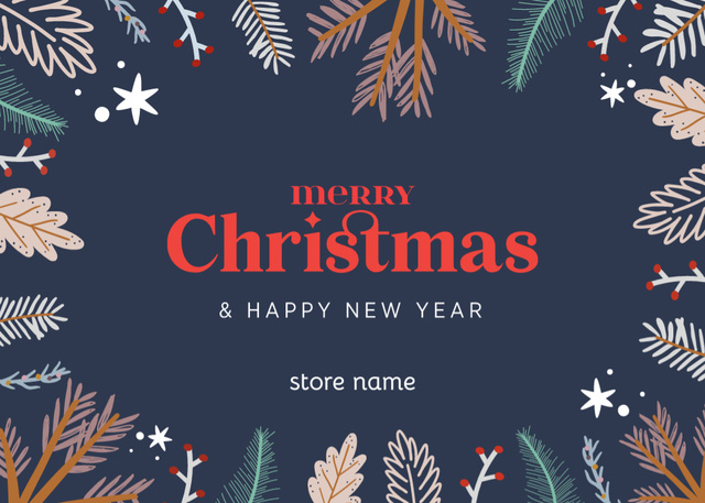 Template di design Christmas And New Year With Cute Illustrated Twigs on Blue Postcard 5x7in