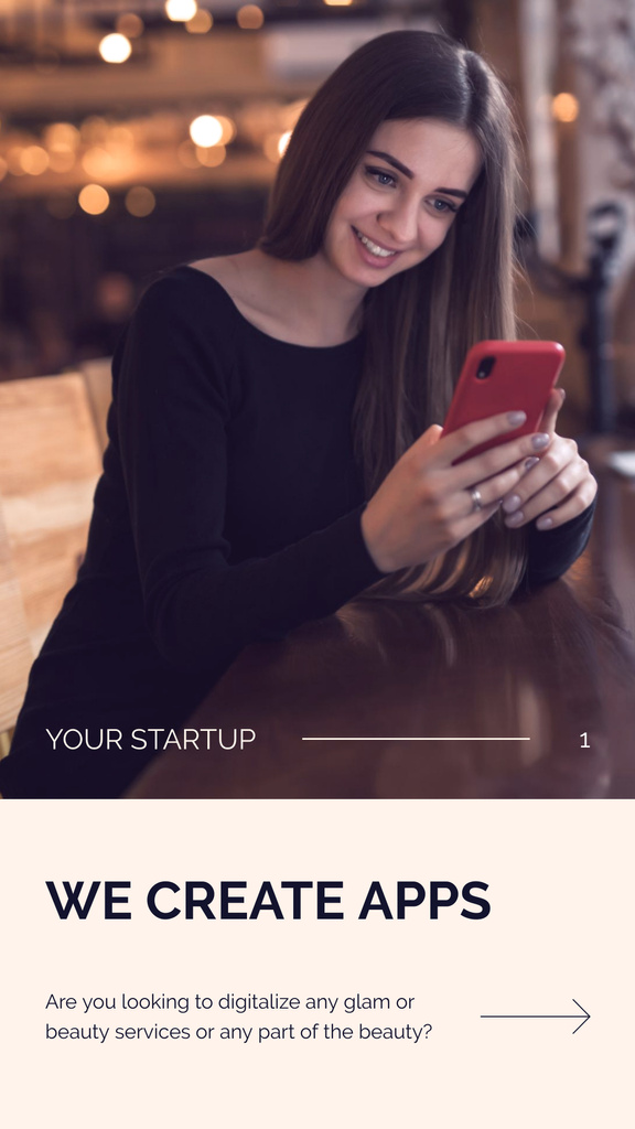 New Mobile App Announcement with Smiling Woman using Phone Mobile Presentation Modelo de Design