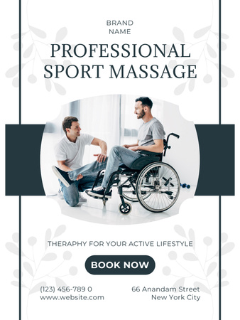 Plantilla de diseño de fisioterapeuta masajeando pierna de hombre discapacitado en silla de ruedas Poster US 