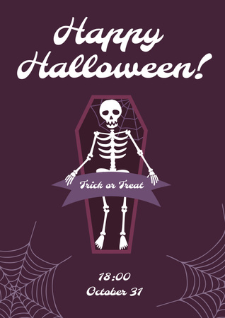 Platilla de diseño Halloween Greeting with Skeleton in Coffin Poster