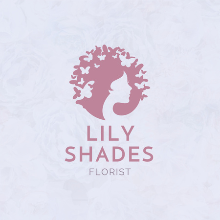 Flower Shop Ad with Illustration of Woman and Butterflies Logo Design Template