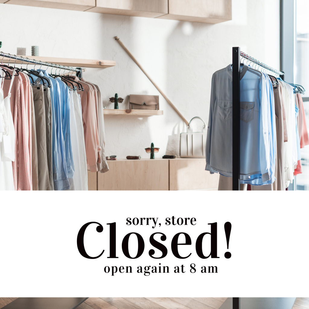 Stylish Clothes on Hangers with Shop Hours Signage Instagram Πρότυπο σχεδίασης