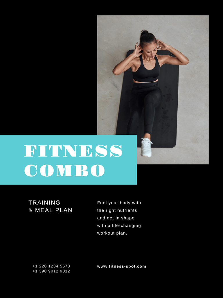 Ontwerpsjabloon van Poster US van Fitness Program promotion with Woman doing Workout on Mat