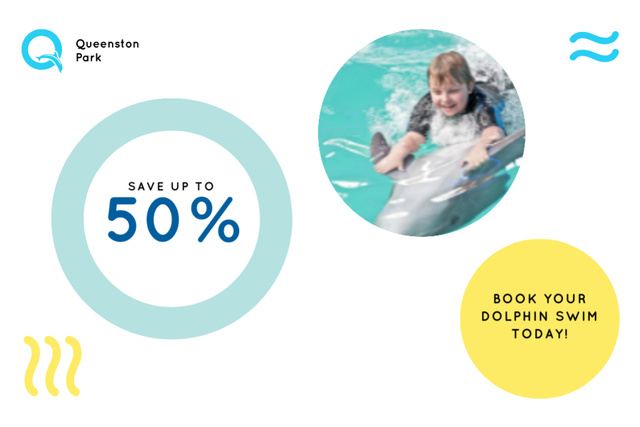Designvorlage Swim with Dolphin Offer with Happy Kid in Pool für Flyer 4x6in Horizontal