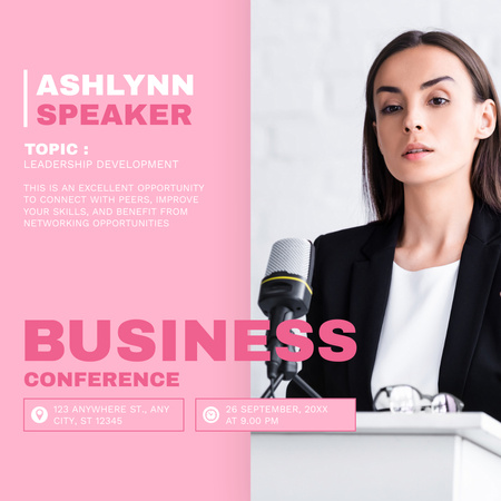A mulher está falando na conferência de negócios no fundo rosa Instagram Modelo de Design