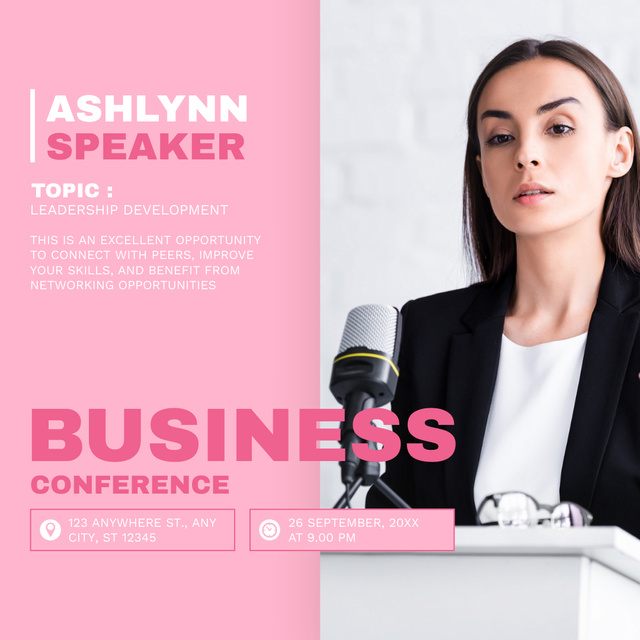 Woman is Speaking at Business Conference on Pink Background Instagram Design Template