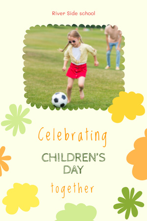 Children's Day Celebration With Girl Playing Football Postcard 4x6in Vertical Design Template
