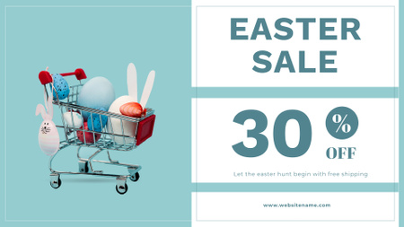 Anúncio de venda de Páscoa com ovos coloridos no carrinho de compras em azul FB event cover Modelo de Design