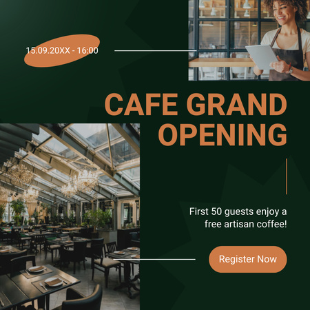Szablon projektu Wydarzenie otwarcia przytulnej kawiarni z rejestracją Instagram