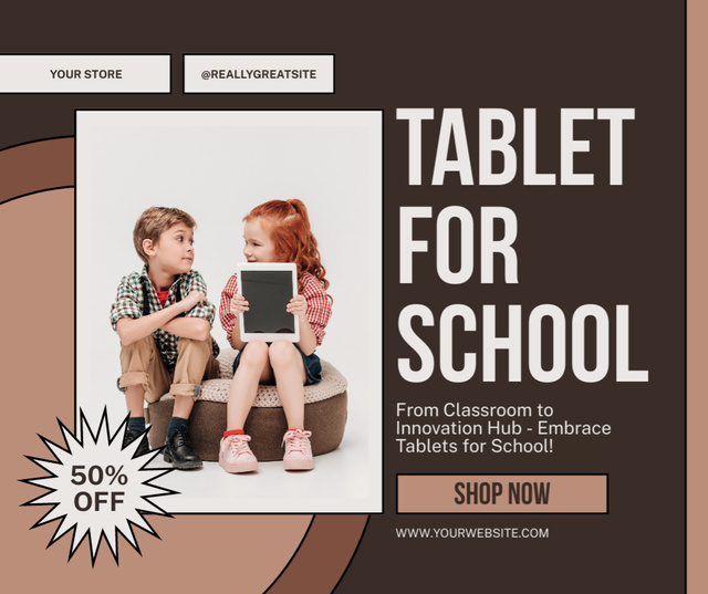 Ontwerpsjabloon van Facebook van School Tablet Offer with Cute Boy and Girl