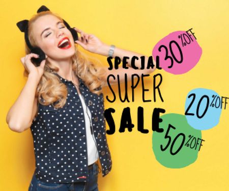 Platilla de diseño special super sale yellow banner with young woman in headphones Large Rectangle