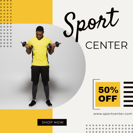 Sport Center Promotion with Man Exercising with Dumbbells Instagram Design Template