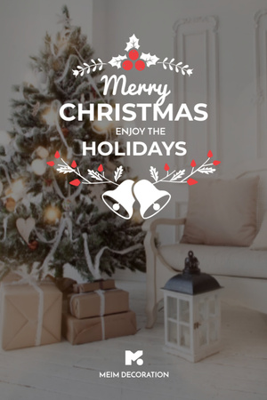 Christmas Greeting With Decorated Tree In Room Postcard 4x6in Vertical Tasarım Şablonu