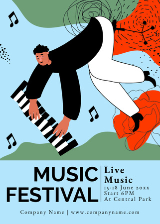 Designvorlage Ankündigung eines Musikfestivals mit einem Mann, der Klavier spielt für Flayer