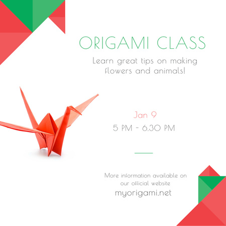 Pássaro de papel convite para aulas de origami em vermelho Instagram AD Modelo de Design