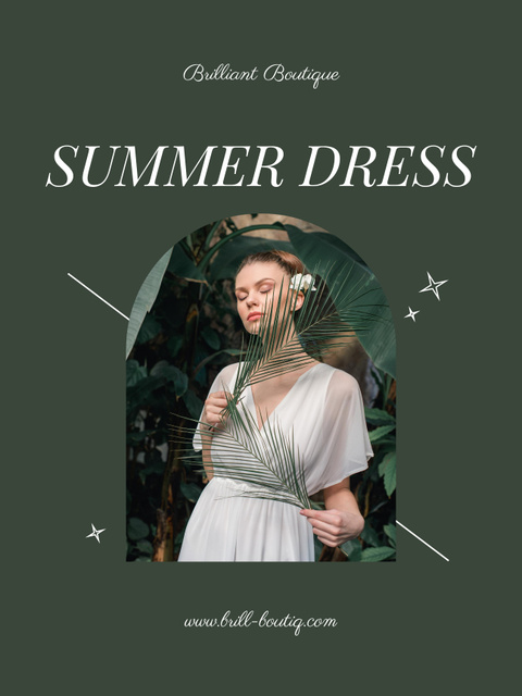 Ontwerpsjabloon van Poster US van Summer Sale Ad with Woman in Dress holding Tropical Leaf