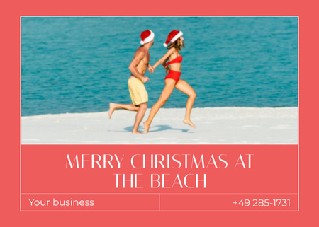 Young Couple in Christmas Santa Hats Running at Sea Beach Postcard 5x7in Design Template