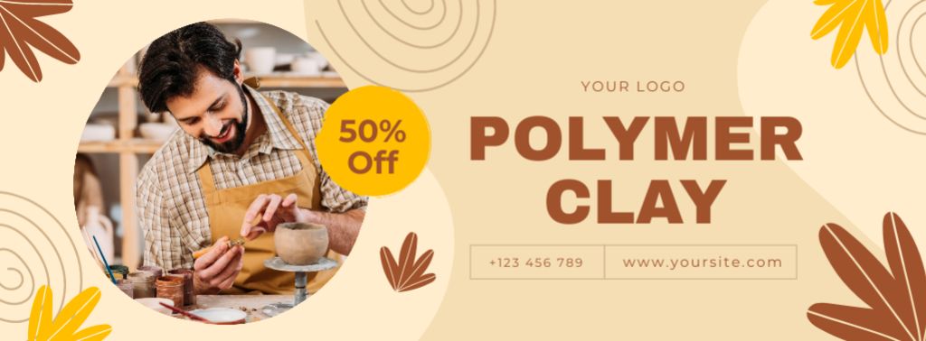 Pottery Shop Discount with Male Potter in Apron Making Ceramic Pot Facebook cover Modelo de Design