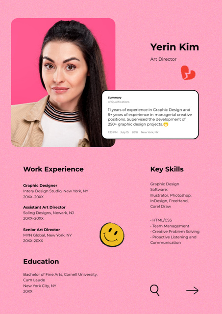 Art Director Education And Experience Description In Pink Resume tervezősablon