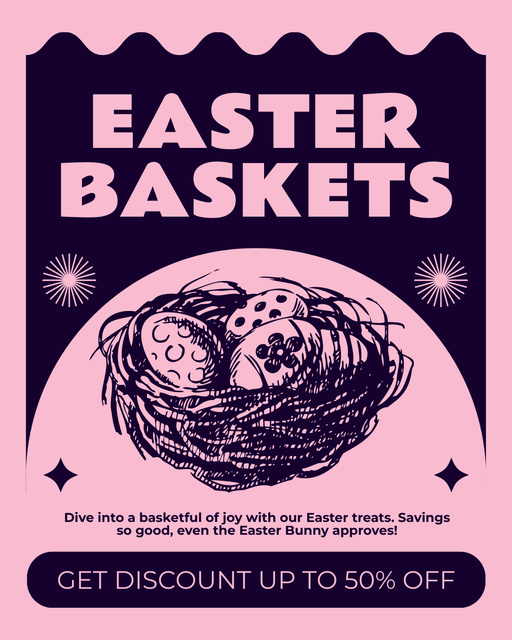 Easter Baskets Offer with Sketch of Eggs in Nest Instagram Post Vertical Design Template