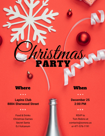 Christmas Party Announcement With Bottle And Decorations Invitation 13.9x10.7cm Design Template
