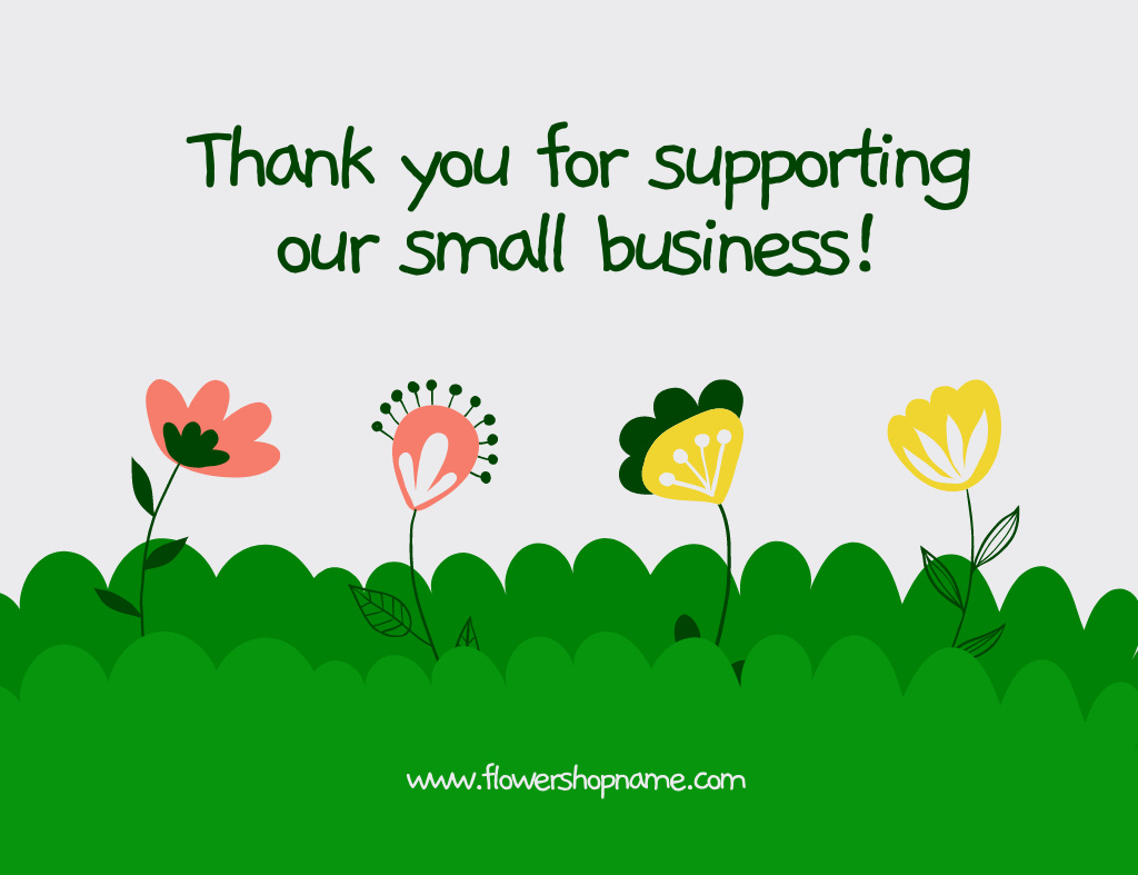 Thank You Message with Doodle Flowers on Green Thank You Card 5.5x4in Horizontal Design Template