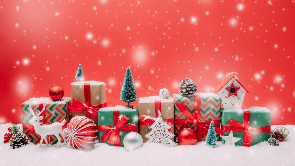 Plantilla de diseño de Christmas Presents and Decorations In Snow Zoom Background 