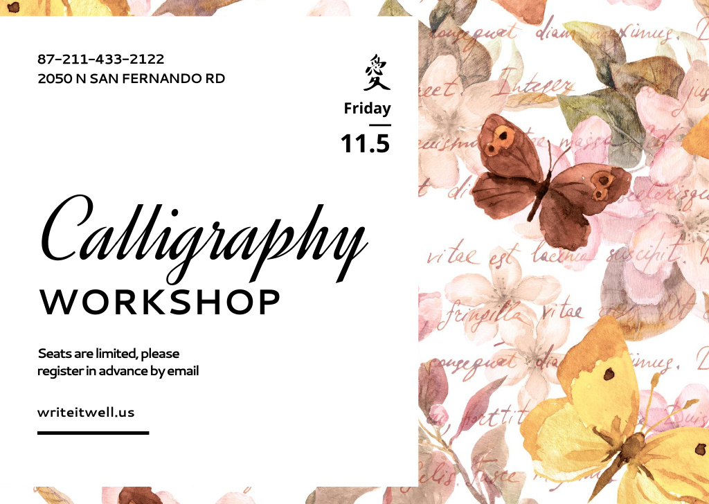 Watercolor Illustration on Calligraphy Workshop Announcement Flyer A6 Horizontal Design Template