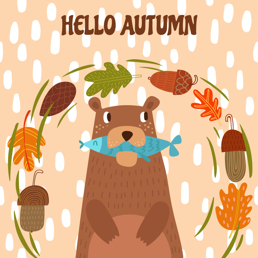 Bear with Fish in Autumn Frame Instagram AD Design Template